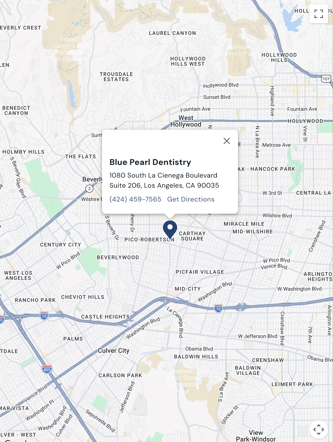 Map showing Blue Pearl Dentistry at 1080 South La Cienega Boulevard Suite 206, Los Angeles, CA 90035